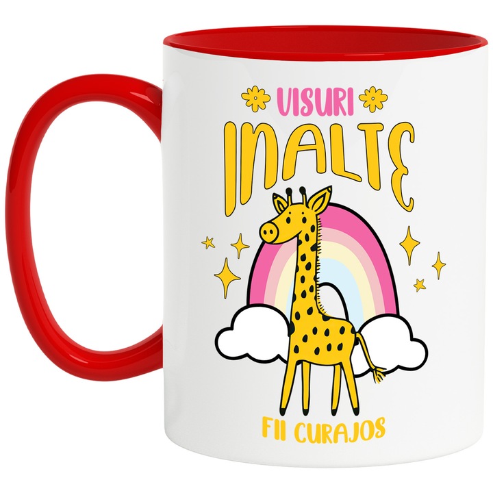 Cana girafa visuri inalte fii curajos motivational dezvoltare personala, 330ml, Ceramic cu Maner Rosu