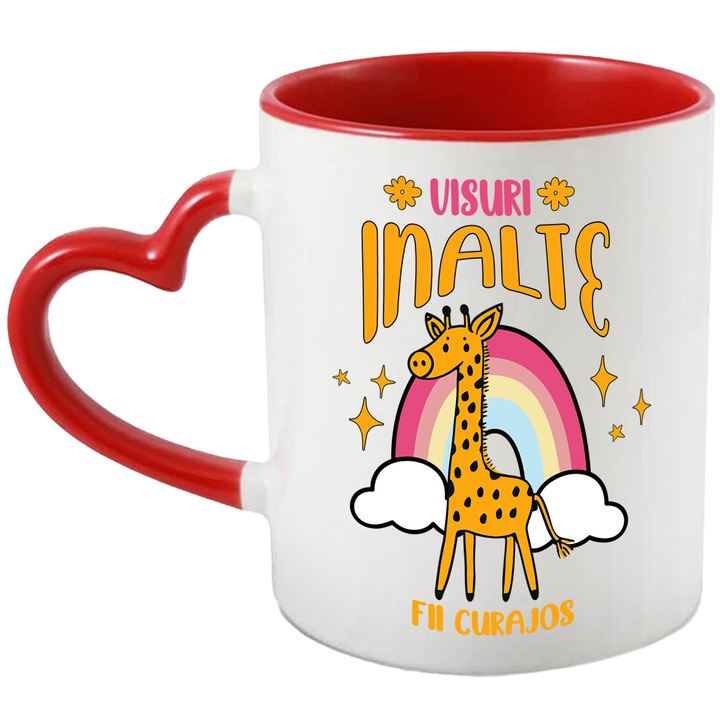 Cana girafa visuri inalte fii curajos motivational dezvoltare personala, 330ml, Ceramica cu Maner Inima Rosie