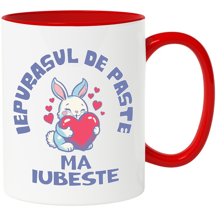 Cana iepurasul de paste ma iubeste sarbatoare pascala, 330ml, Ceramic cu Maner Rosu