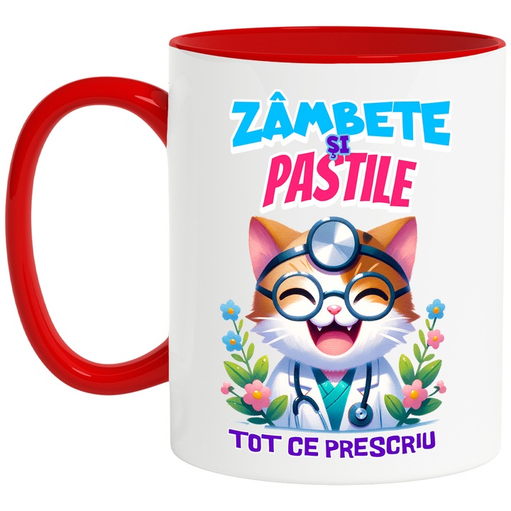 Cana Pisica Doctor Vesela Text Haios Zambete Si Pastile Tot Ce Presciu Meserie, 330ml, Ceramic cu Maner Rosu
