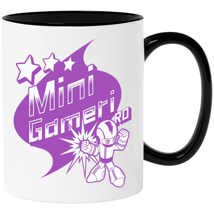 Cana Text Haios Mini gameri RO iubitorii de jocuri video, 330ml, Ceramica cu Maner Negru