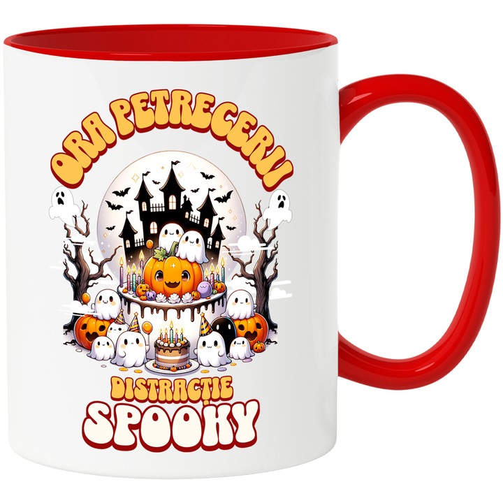 Cana Ora Petrecerii, Distractie fantome casa bantuita, 330ml, Ceramic cu Maner Rosu