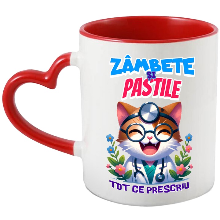 Cana Pisica Doctor Vesela Text Haios Zambete Si Pastile Tot Ce Presciu Meserie, 330ml, Ceramica cu Maner Inima Rosie
