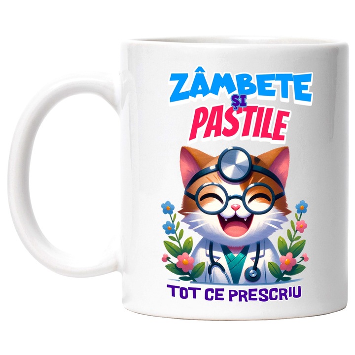 Cana Pisica Doctor Vesela Text Haios Zambete Si Pastile Tot Ce Presciu Meserie, 330ml, Ceramic cu Maner Alb