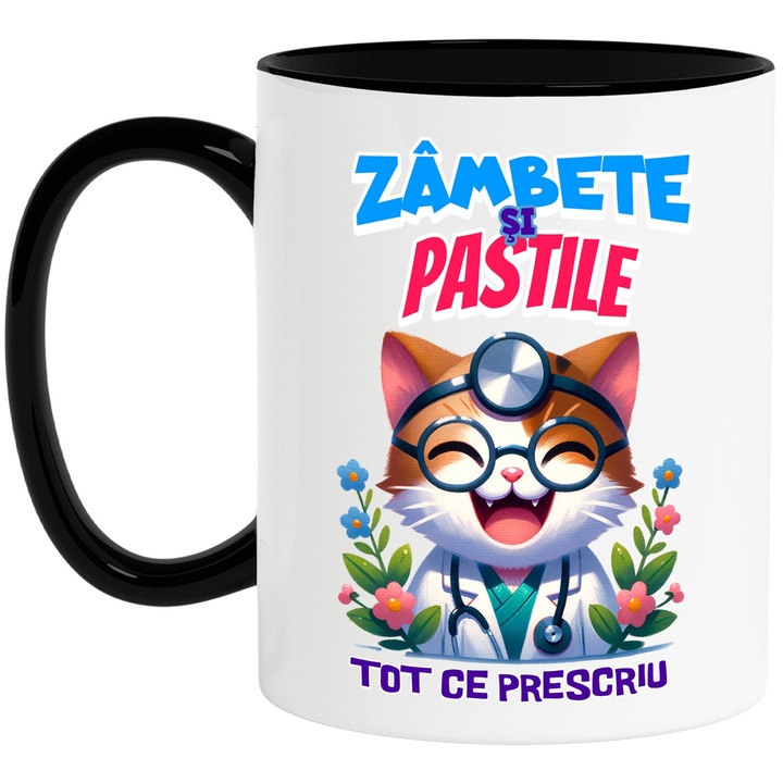 Cana Pisica Doctor Vesela Text Haios Zambete Si Pastile Tot Ce Presciu Meserie, 330ml, Ceramica cu Maner Negru