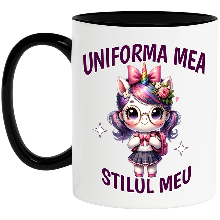 Bögre Egyenruhám, iskolába készülő unikornis lány stílusom, 330ml, Kerámia fekete fogantyúval