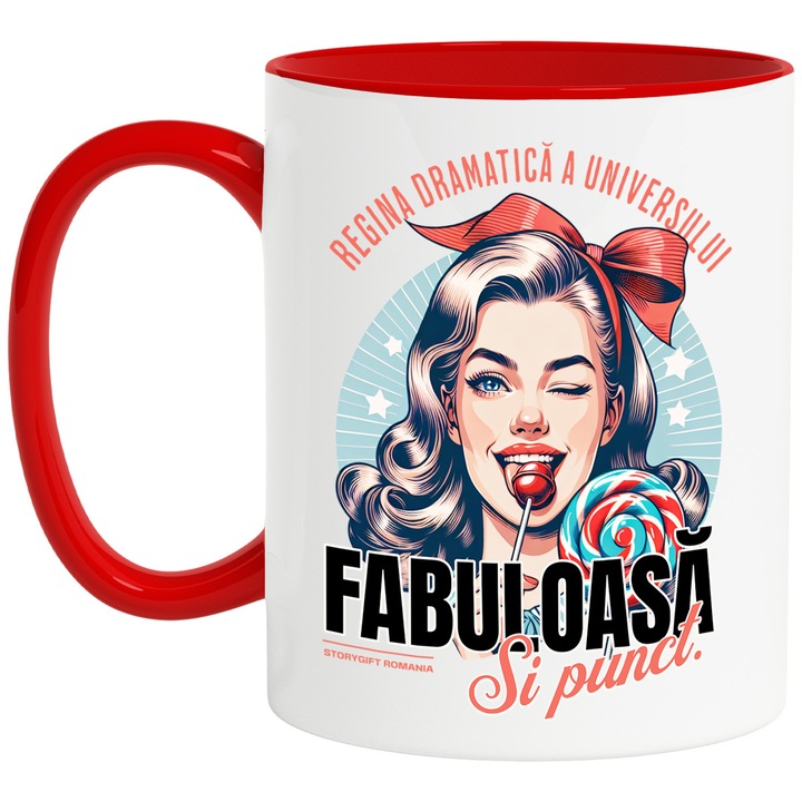 Bögre lány nyalókával, mesés drámakirálynő és pöttyös szöveg, 330 ml, kerámia piros fogantyúval