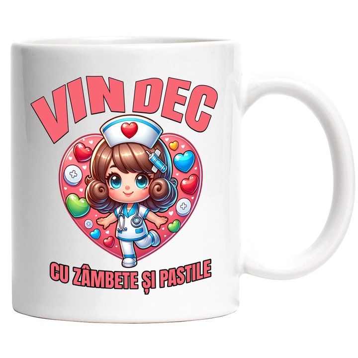 Cana Fata Doctorita Vesela Text Vindec cu zambete si pastile, 330ml, Ceramic cu Maner Alb