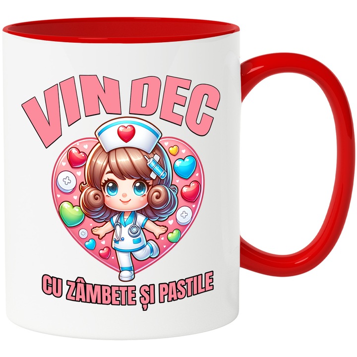 Cana Fata Doctorita Vesela Text Vindec cu zambete si pastile, 330ml, Ceramic cu Maner Rosu