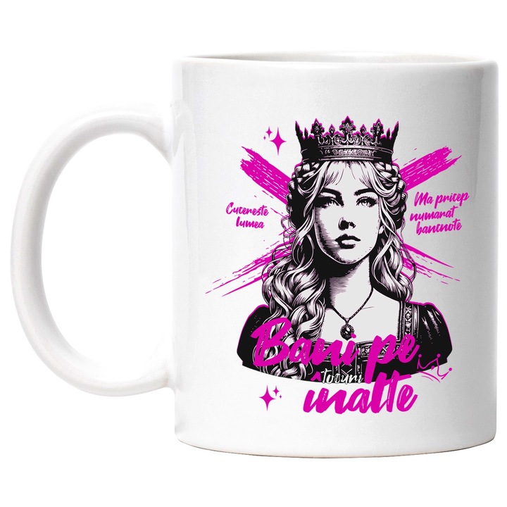 Cana fata regina, bani pe tocuri inalte, 330ml, Ceramic cu Maner Alb