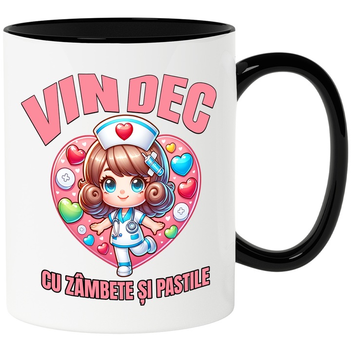 Cana Fata Doctorita Vesela Text Vindec cu zambete si pastile, 330ml, Ceramica cu Maner Negru