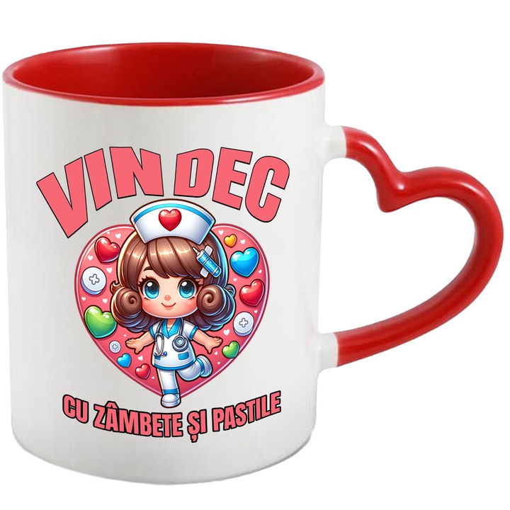 Cana Fata Doctorita Vesela Text Vindec cu zambete si pastile, 330ml, Ceramica cu Maner Inima Rosie
