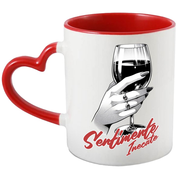 Cana Mana De Femeie Cu pahar De Vin Mesaj Sentimente Inecate Inima Franta, 330ml, Ceramica cu Maner Inima Rosie