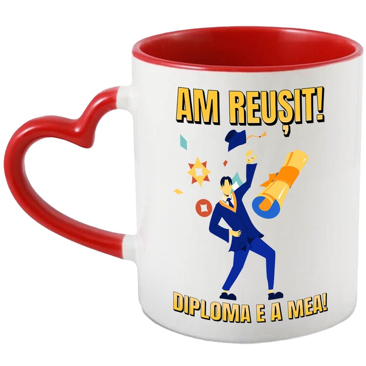 Bögre Megcsináltuk! A diplomám! Férfi főiskolai diplomás, 330 ml, kerámia, piros szív fogantyúval