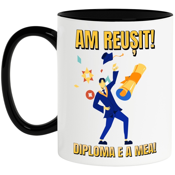 Bögre Megcsináltuk! A diplomám! Férfi főiskolai diplomás, 330 ml, kerámia, fekete fogantyúval