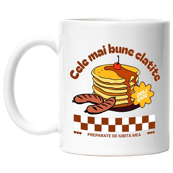 Cana Tort de Clatite Sirop, Text Cele Mai Bune Clatite Preparate de Iubita Mea, 330ml, Ceramic cu Maner Alb