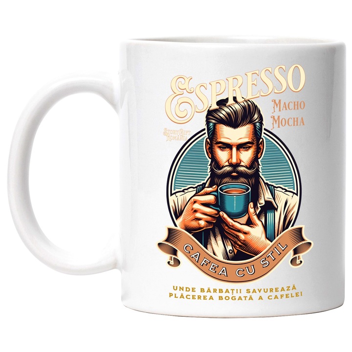 Cana Espresso. Cafea cu stil barbat savurand placerea, 330ml, Ceramic cu Maner Alb