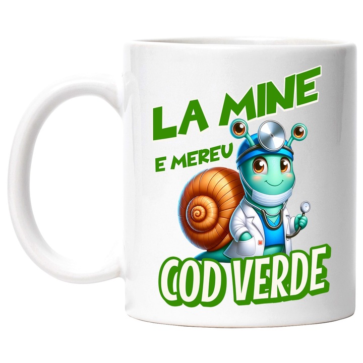 Cana Melc Imbracaminte Doctor vesel Text La mine E Mereu Cod Verde Copii, 330ml, Ceramic cu Maner Alb