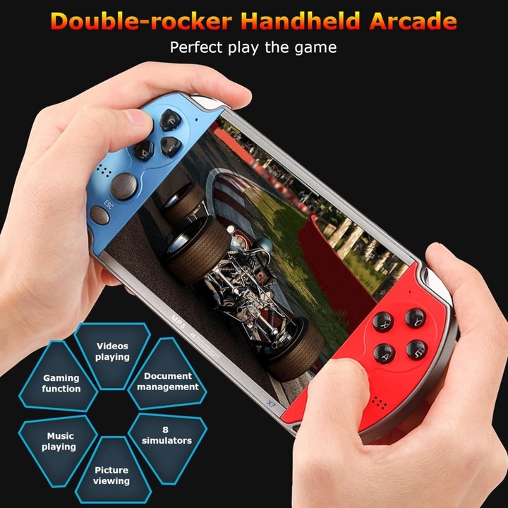 Consola portabila de jocuri X7 0716BM-BST4008017, ecran 4.3 inch, 8GB, peste 1000 jocuri incorporate, iesire TV AV, slot TF pana la 32GB, control dublu cu joystick, rosu/albastru