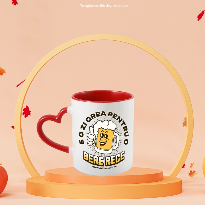 Cana E o zi grea pentru o bere rece halba zambet, 330ml, Ceramica cu Maner Inima Rosie