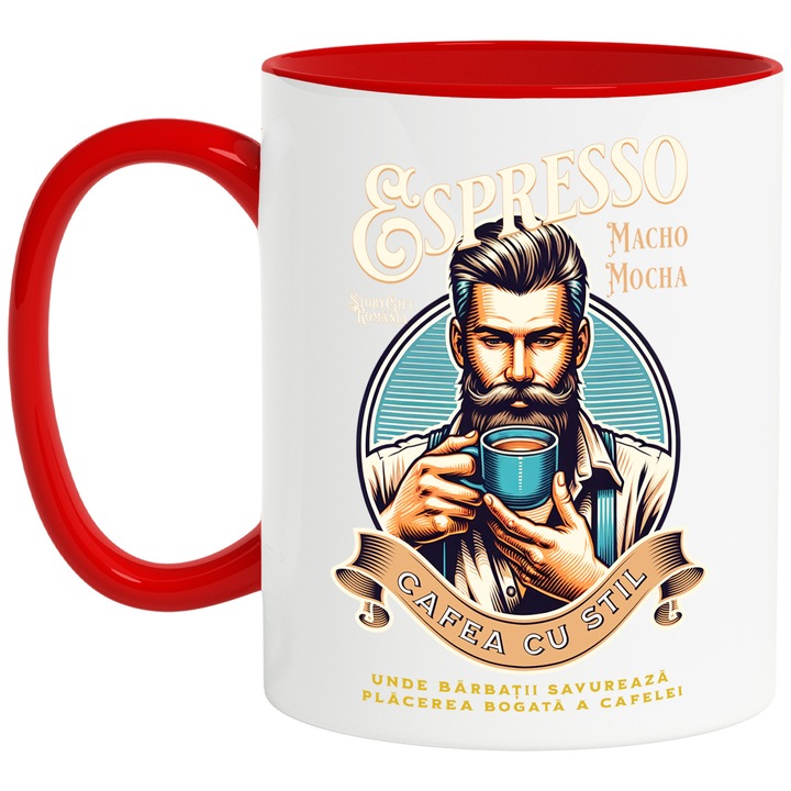 Cana Espresso. Cafea cu stil barbat savurand placerea, 330ml, Ceramic cu Maner Rosu