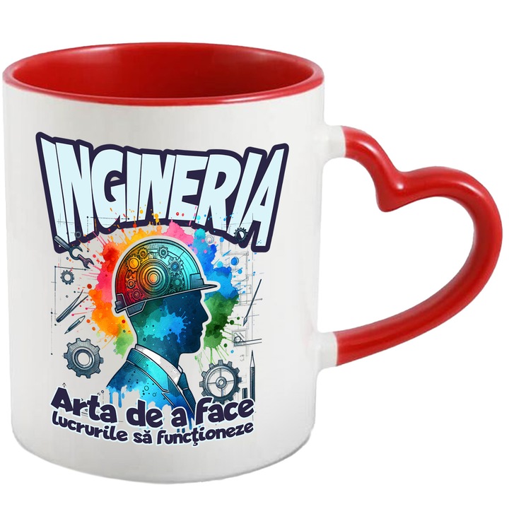 Cana Silueta Barbat Cu Casca Protectie Text Ingineria, 330ml, Ceramica cu Maner Inima Rosie