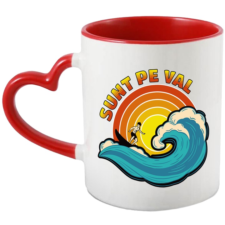 Cana sunt pe val om pe placa de surf, val inalt sport, 330ml, Ceramica cu Maner Inima Rosie