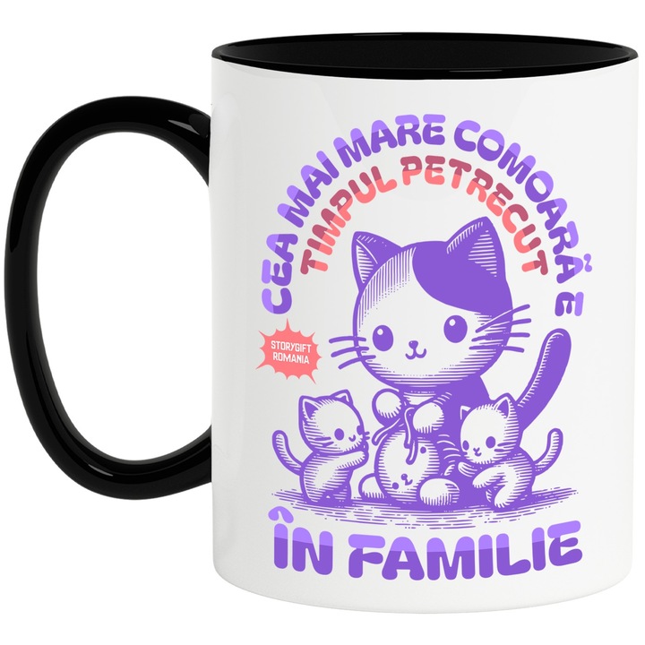 Cana Cea mai mare comoara este timpul petrecut in fam, 330ml, Ceramica cu Maner Negru