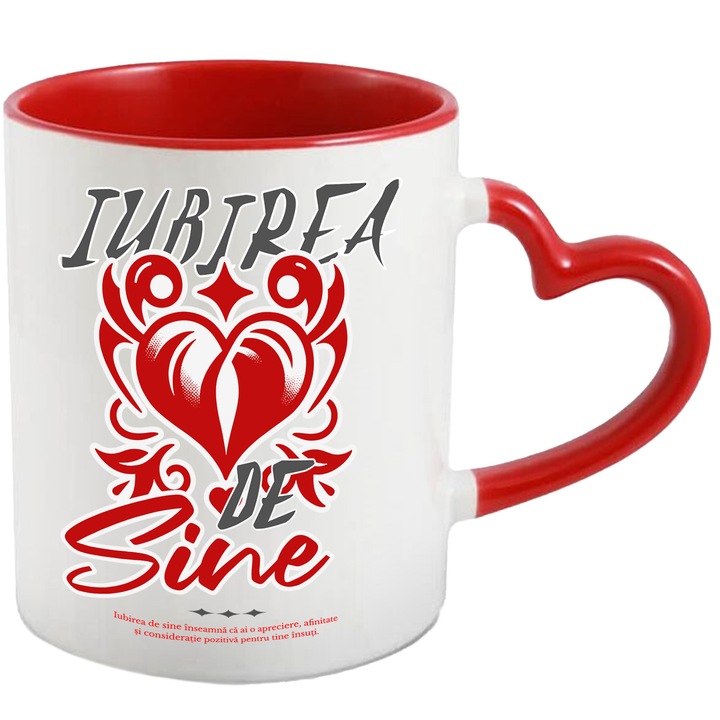 Cana Iubirea de sine inima self love, 330ml, Ceramica cu Maner Inima Rosie
