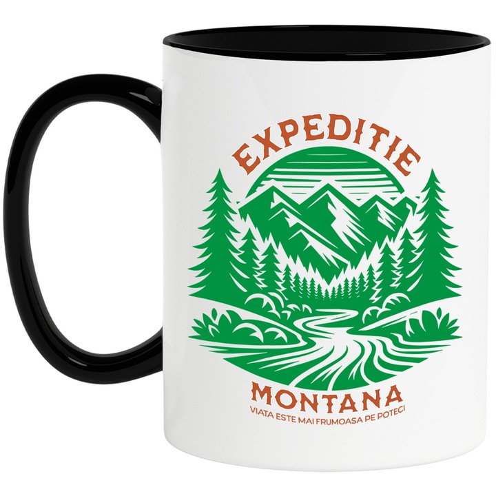 Cana expeditie montana viata este mai frumoasa pe poteci, natura, camping, munti, 330ml, Ceramica cu Maner Negru