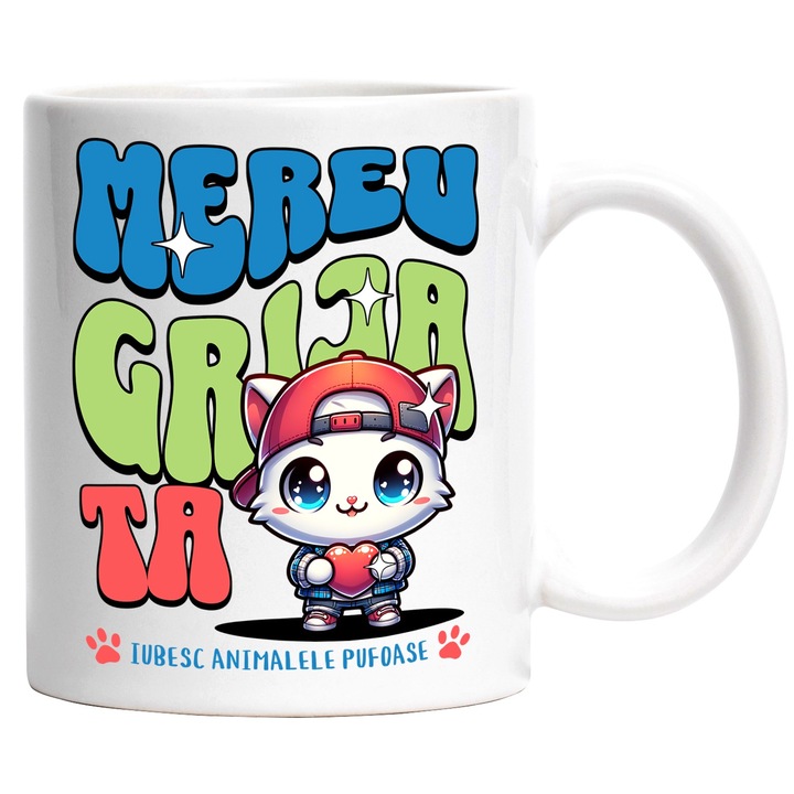 Cana pisica cu inima mereu grija ta inima, iubitorii de animale, 330ml, Ceramic cu Maner Alb