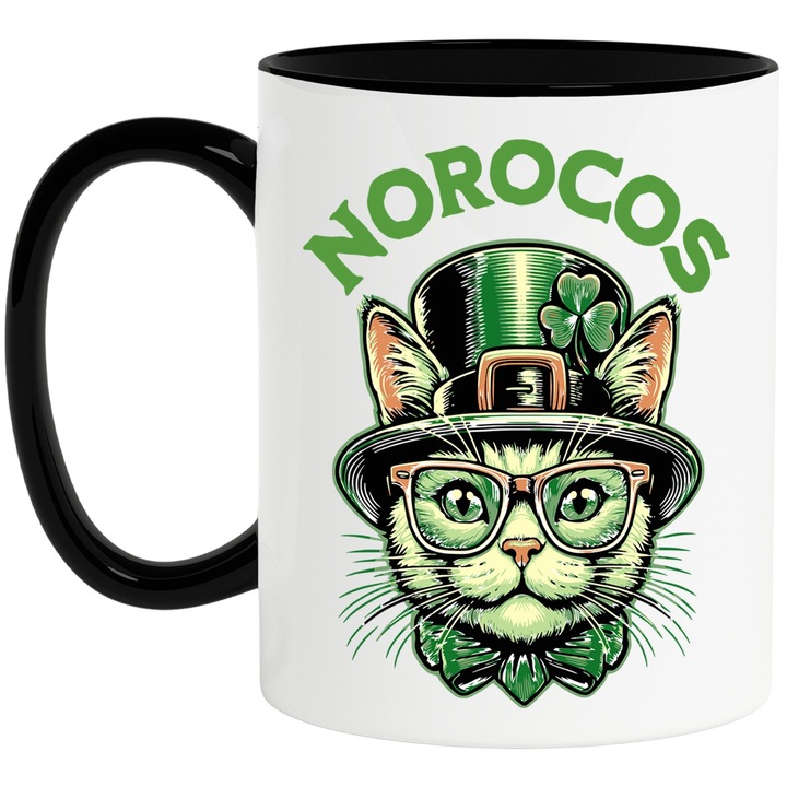 Cana Pisica cu palarie inalta si trifoi Text norocos, 330ml, Ceramica cu Maner Negru