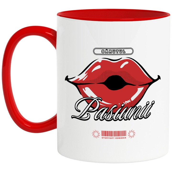 Чаша Red creamy lips kiss текст целувката на страстта, 330 мл, керамика с червена дръжка