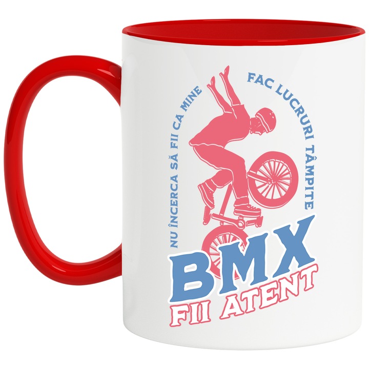 Cana Baiat pe bmx schema text fii atent sport, 330ml, Ceramic cu Maner Rosu