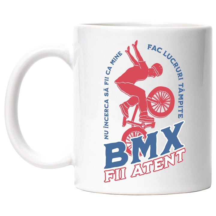 Cana Baiat pe bmx schema text fii atent sport, 330ml, Ceramic cu Maner Alb