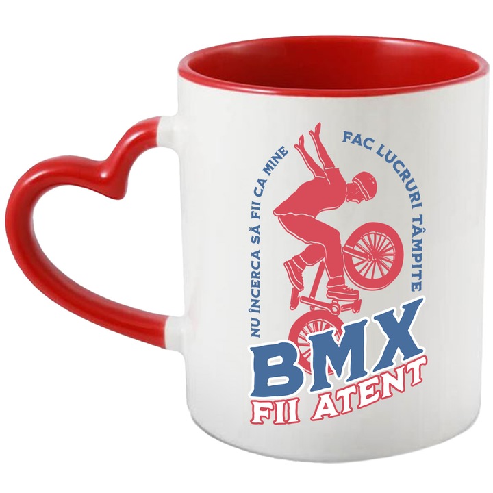 Cana Baiat pe bmx schema text fii atent sport, 330ml, Ceramica cu Maner Inima Rosie