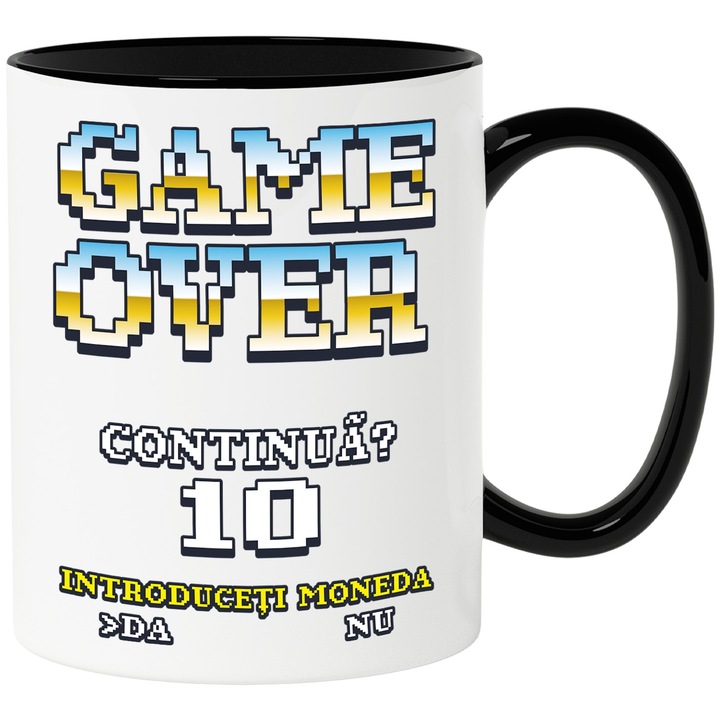 Cana Game Over Puneti moneda text pixeli putini, 330ml, Ceramica cu Maner Negru