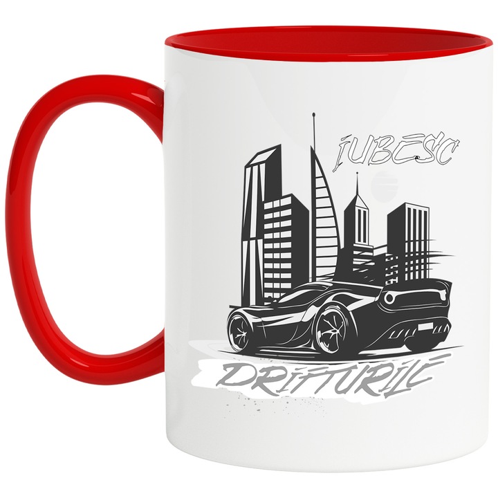 Cana iubesc drifturile masina sport cladiri inalte, 330ml, Ceramic cu Maner Rosu