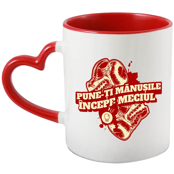 Cana Manusi de box joc de contact pune-ti manusile, 330ml, Ceramica cu Maner Inima Rosie