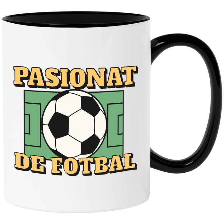 Cana Minge de fotbal teren verde text PASIONAT DE FOTBAL, 330ml, Ceramica cu Maner Negru