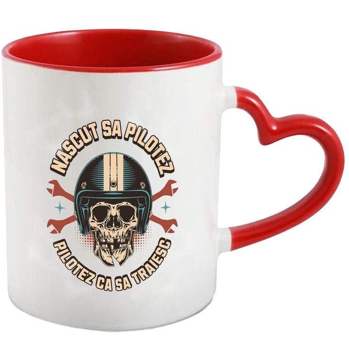 Cana nascut sa pilotez pilotez sa traiesc schelete cu casca, 330ml, Ceramica cu Maner Inima Rosie
