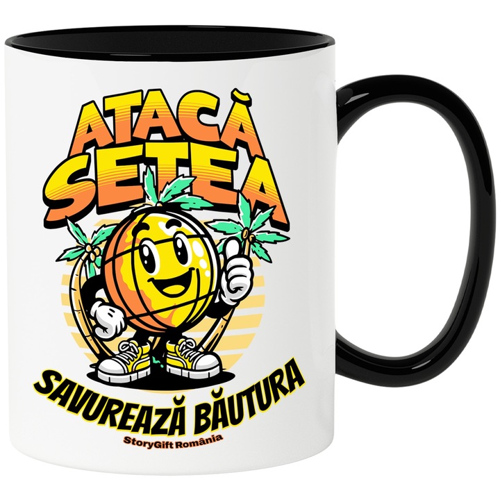 Cana Ataca setea, savureaza bautura portocala plaja, 330ml, Ceramica cu Maner Negru