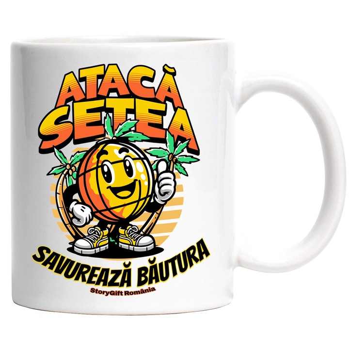 Cana Ataca setea, savureaza bautura portocala plaja, 330ml, Ceramic cu Maner Alb