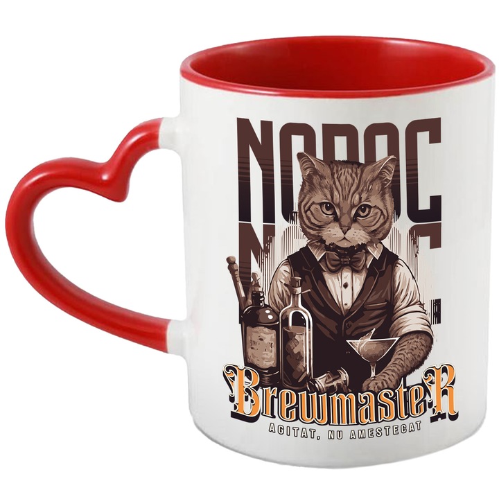 Cana Brewmaster Agitat, nu amestecat. pisica barman alcool motan, 330ml, Ceramica cu Maner Inima Rosie