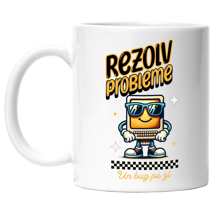 Cana calculator vesel programator Text Rezolv probleme, un bug pe zi, 330ml, Ceramic cu Maner Alb