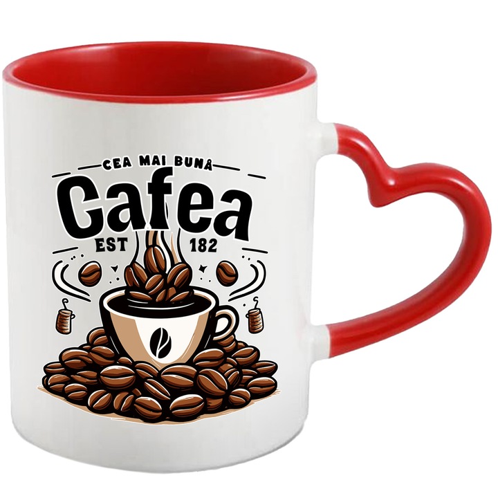 Cana Cea mai buna Cafea ceasca de placere energie, 330ml, Ceramica cu Maner Inima Rosie