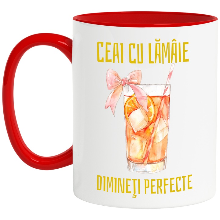 Teás bögre citrommal tökéletes reggeli pohár szívószállal és masnival, 330 ml, kerámia, piros fogantyúval