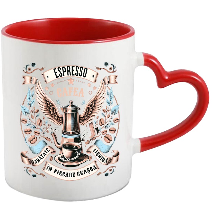 Cana espresso. cafea. sanatate lichida. in fiecare cana energie, 330ml, Ceramica cu Maner Inima Rosie