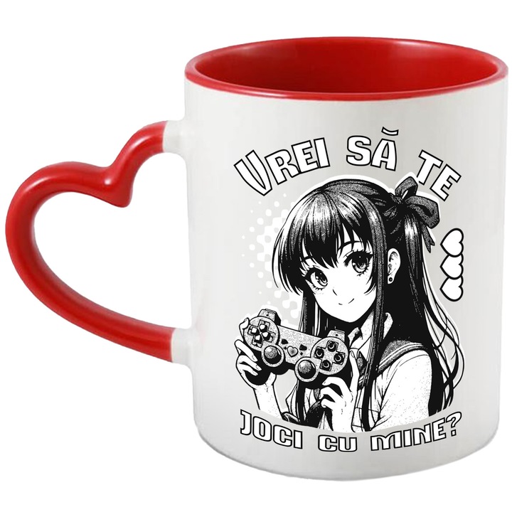 Cana fata stil anime jocuri video Vrei sa te joci cu mine, 330ml, Ceramica cu Maner Inima Rosie