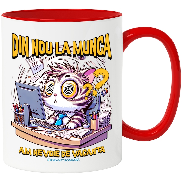 Cana din nou la munca pisica la birou work from home, 330ml, Ceramic cu Maner Rosu